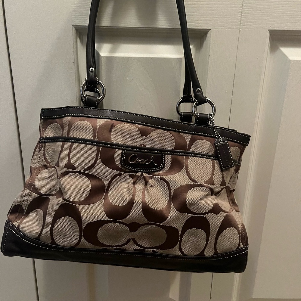 Coach Brown and Tan Shoulder Bag with Signature Monogram